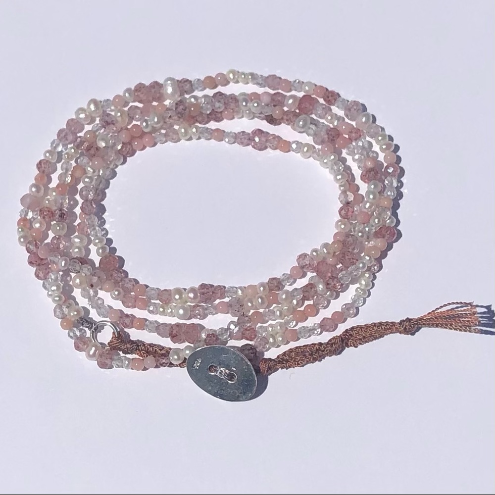 [handmade] Genuine Sterling Silver, Gemstone & Pearl Corded Wrap Bracelet - Picture 5 of 9